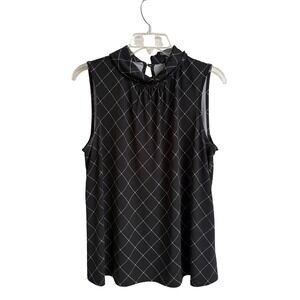 Ellen Tracy Black White Grid Sleeveless Mock Neck Blouse Top Medium Minimalist